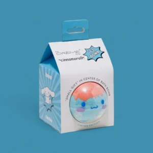 Gable bath bomb box featuring a blue and white design with a clear window and handle showcasing a colorful bath bomb inside. The packaging includes a hanging tab and fun cartoon-style graphics.