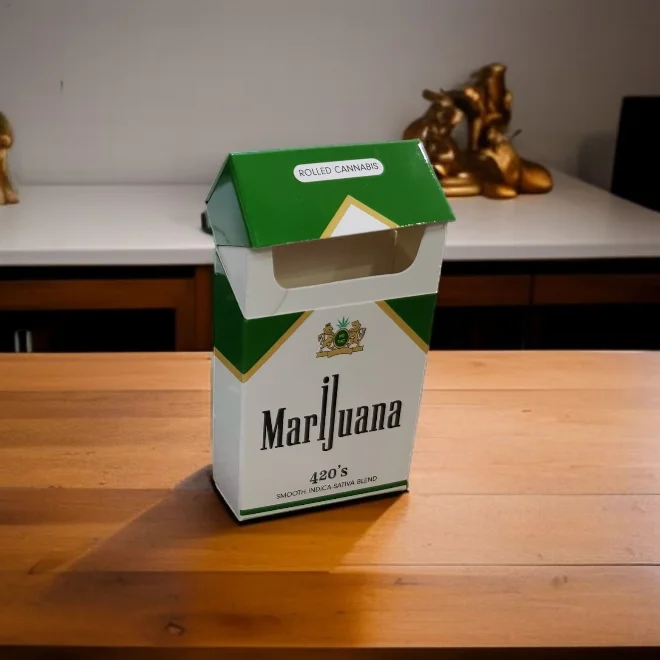 Custom cannabis packaging box for rolled marijuana products, designed with a premium look for dispensary and retail branding.