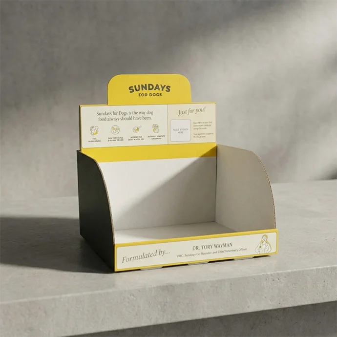 Yellow custom cardboard countertop display box with branding on the header shown on a textured grey background with realistic lighting and shadows