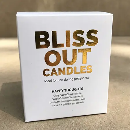 Premium white candle box with custom gold foil branding for Bliss Out Candles.